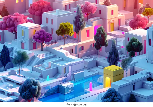 A 3D rendering of a city with colorful buildings and trees