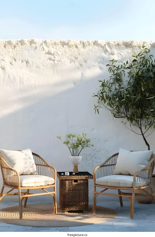 White Wall Patio With Wicker Chairs and Table