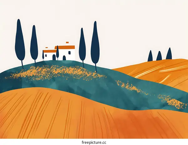 Illustrated Landscape With Hills and a House
