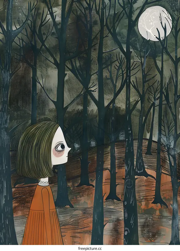 Girl in the Forest Looking at the Moon