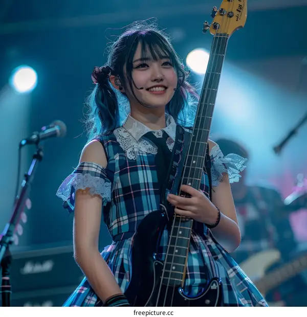 A smiling young woman playing a bass guitar on stage