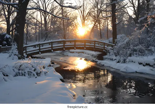 Wooden bridge over a frozen river in a snowy forest