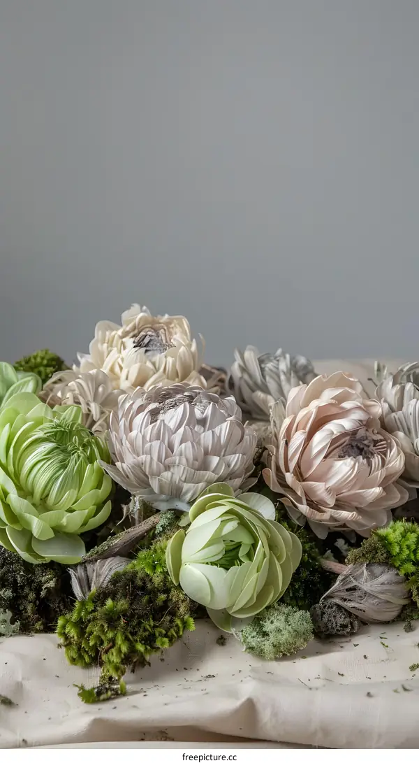 Floral Arrangement with Green and White Flowers and Moss