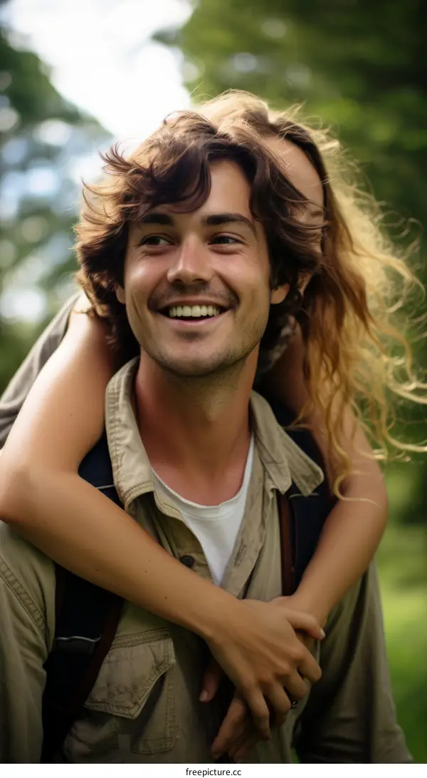 Happy couple piggybacking in the forest