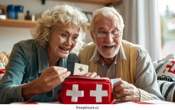 An elderly couple is looking at a first aid kit.