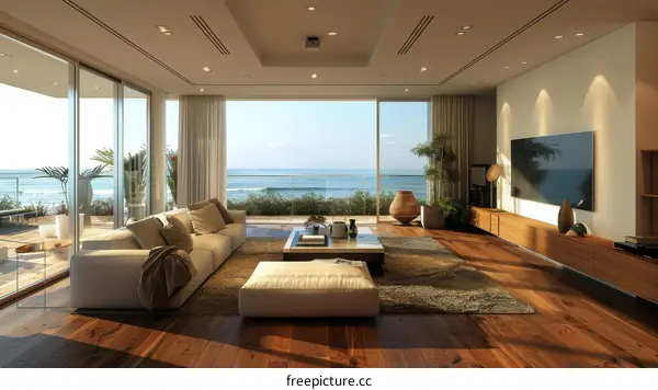 Modern Minimalist Open Concept Living Room with Ocean View