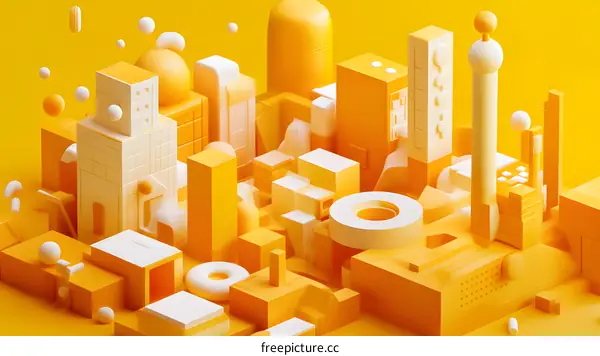 Abstract Cityscape Illustration with Yellow and White 3D Geometric Shapes