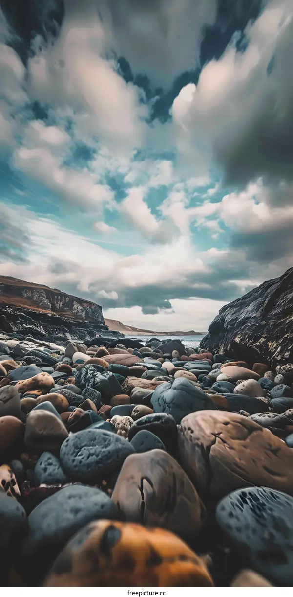 Smooth Stones on a Beach with Cloudy Sky