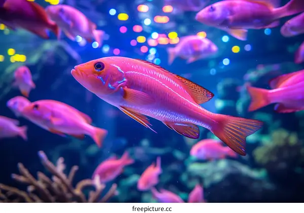 A school of pink fish swim in a blue ocean