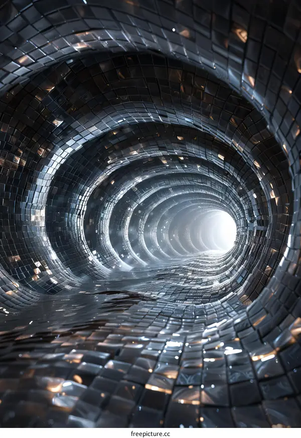 Shiny metal tunnel with glowing end