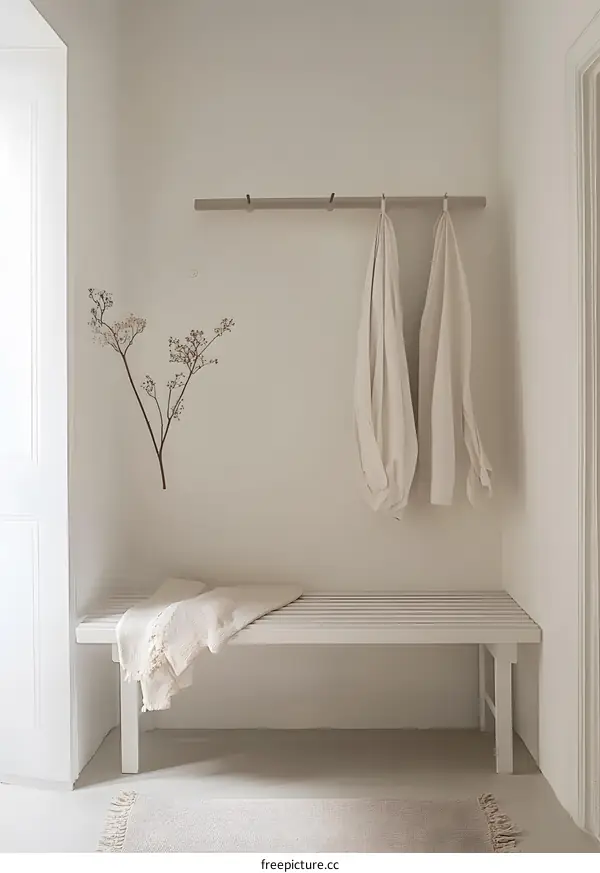 White Minimalist Entryway with Bench and Coat Rack