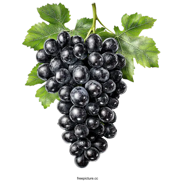 [Transparent Background PNG]Fresh Dark Grapes Cluster with Leaves