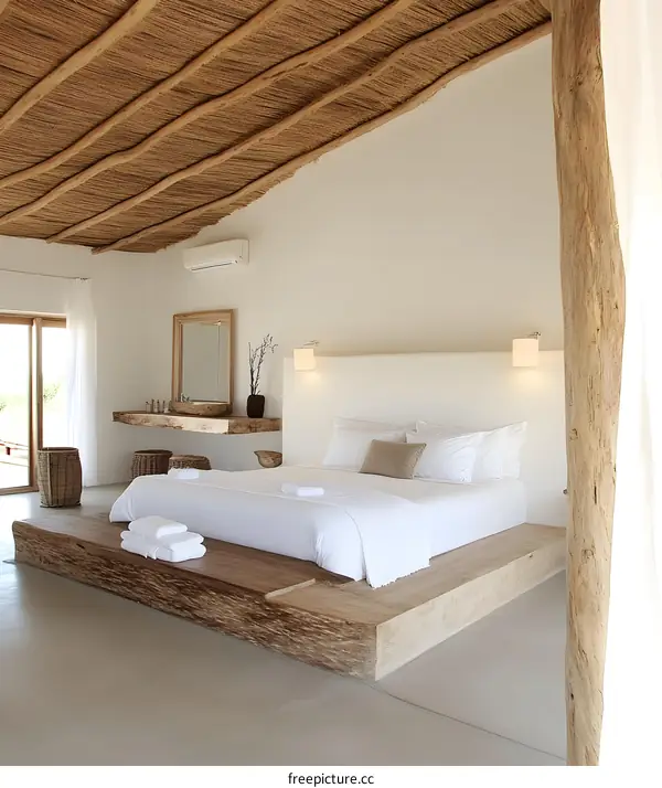 Minimalist Bedroom With White Walls and Wooden Beams