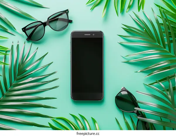 Tropical Summer Flat Lay with Phone, Sunglasses, and Palm Leaves
