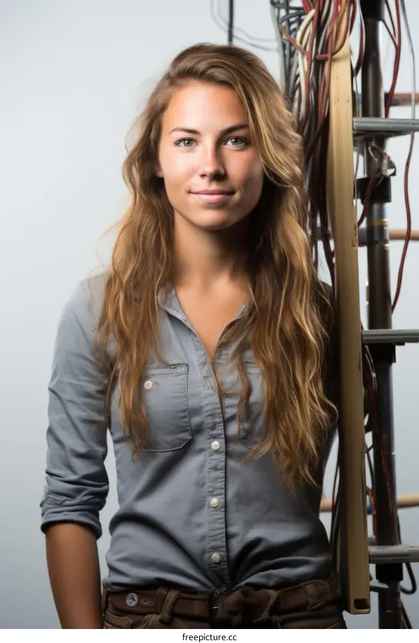 Portrait of a young female engineer standing in front of a ladder.