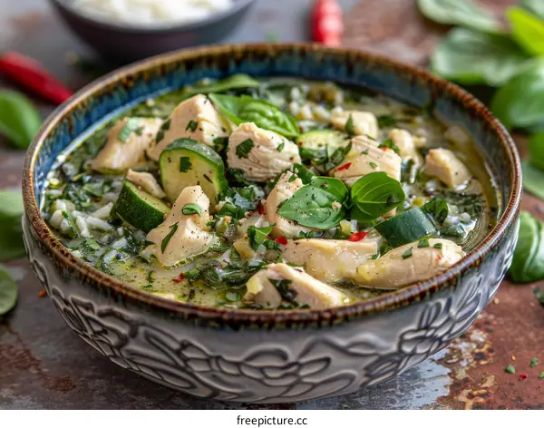 Green curry chicken soup with zucchini and rice