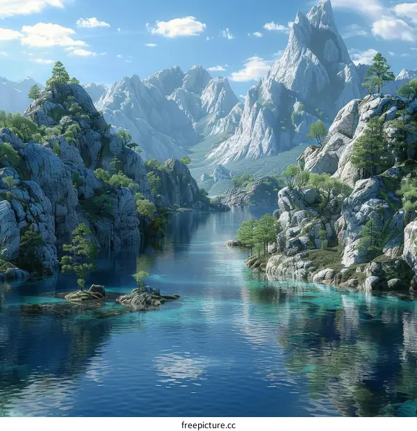 Fantasy Mountain Landscape with Lake and Trees