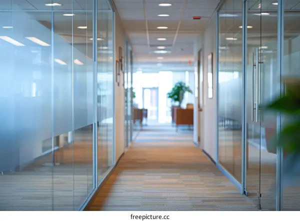 Modern Office Hallway with Glass Walls and Frosted Film