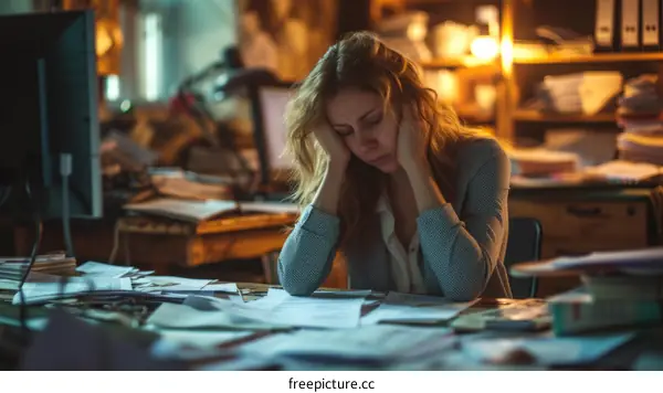 A young woman is sitting at her desk, looking stressed. She has her hands on her head and her eyes are closed.