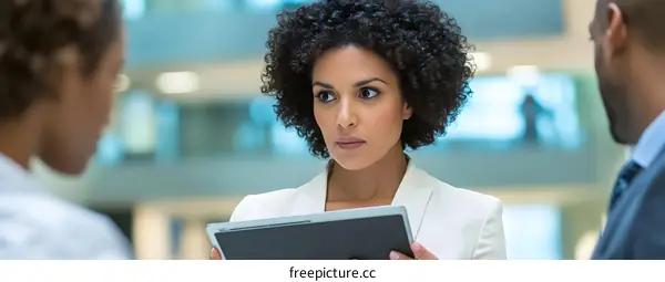 Young Woman in White Blazer Uses a Tablet During Meeting in Office