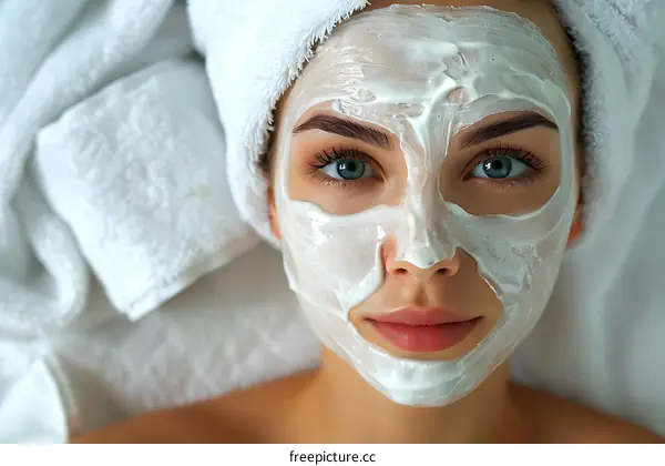 Close-up portrait of a young woman with a white facial mask on her face