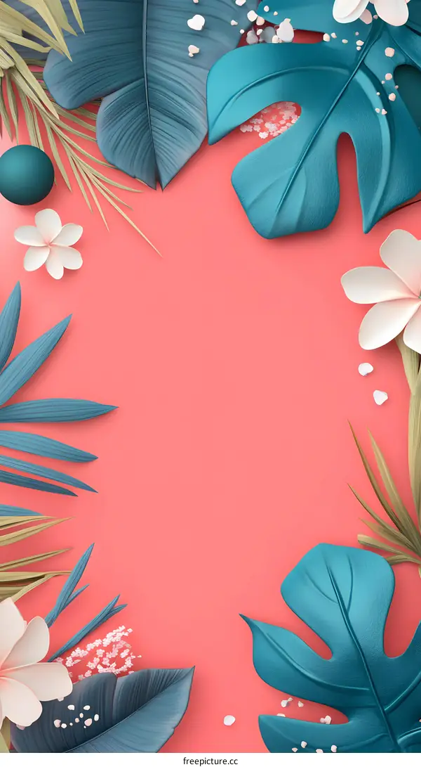 Tropical Leaves and Flowers on a Pink Background