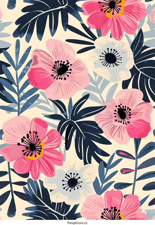 Tropical Floral Pattern with Pink Flowers and Blue Leaves