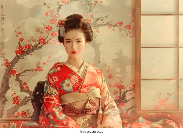 Portrait of a Japanese woman in traditional kimono