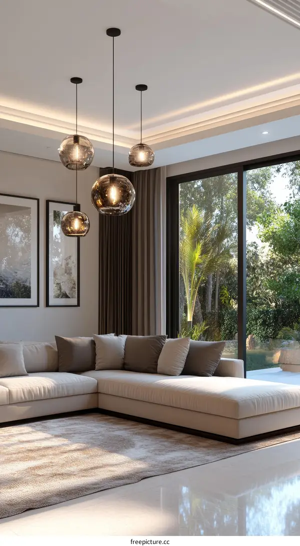 Modern Living Room Interior Design with Pendant Lamps