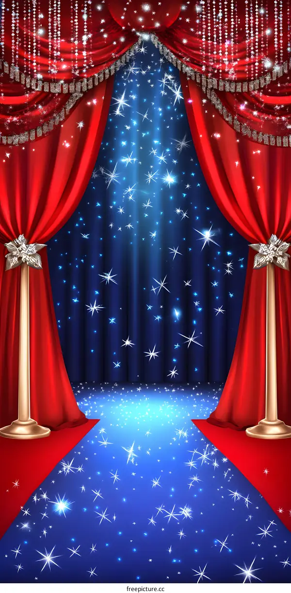 Red Curtains Stage Background with Starry Lights