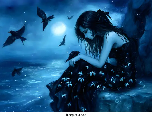 Lonely Woman Sitting on a Cliff with Crows and the Moon in the Background