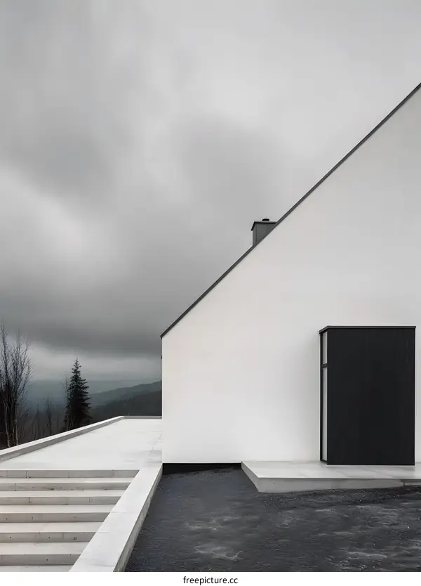 Minimalist White House with Black Door and Stairs Leading to a Terrace