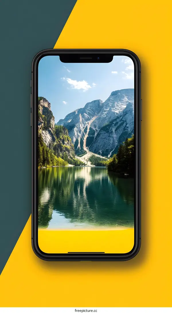 Smartphone Display Showing Mountain Lake Landscape