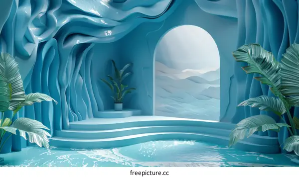 Abstract Blue Interior Design Scene with Plants