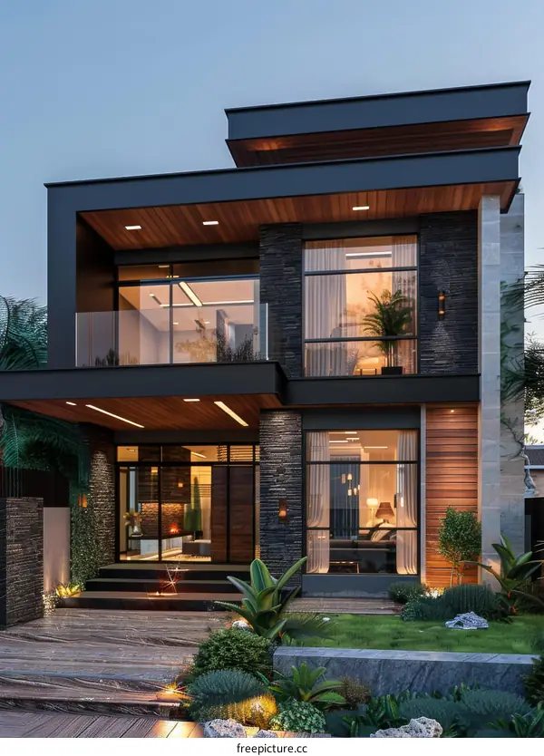 Modern House Exterior Design with Stone and Wood Accents