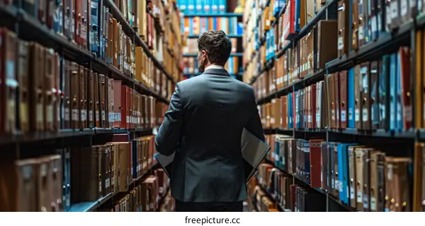 Male researcher in library stacks surrounded by bookshelves