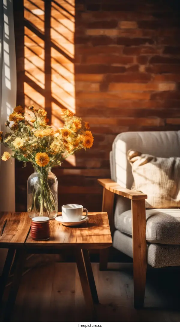 A cozy living room with a vase of yellow flowers on a wooden table and a comfortable armchair旁邊