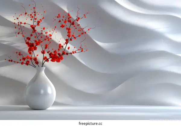 A minimalist photo of a vase of red flowers sitting on a white table against a white textured background.