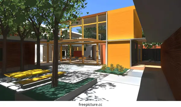 Modern House Backyard with Yellow Table and Trees