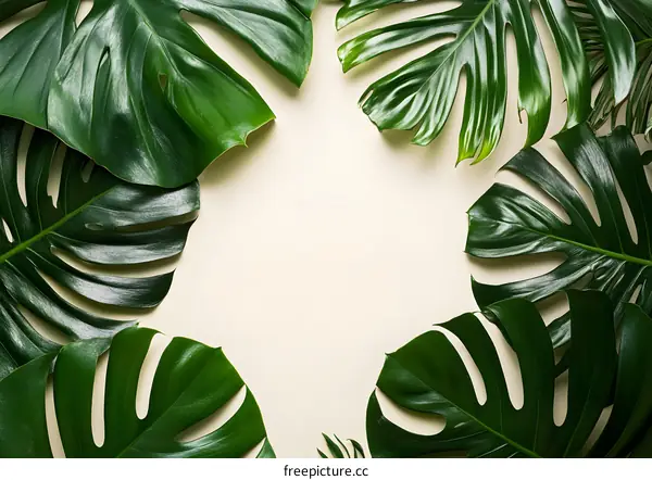 Green Tropical Leaves Border On A Beige Background