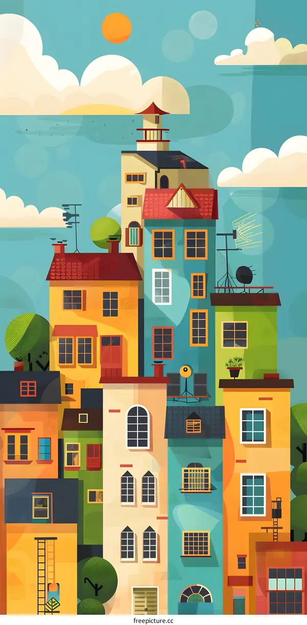 Colorful Illustration of Cityscape with Sun and Clouds