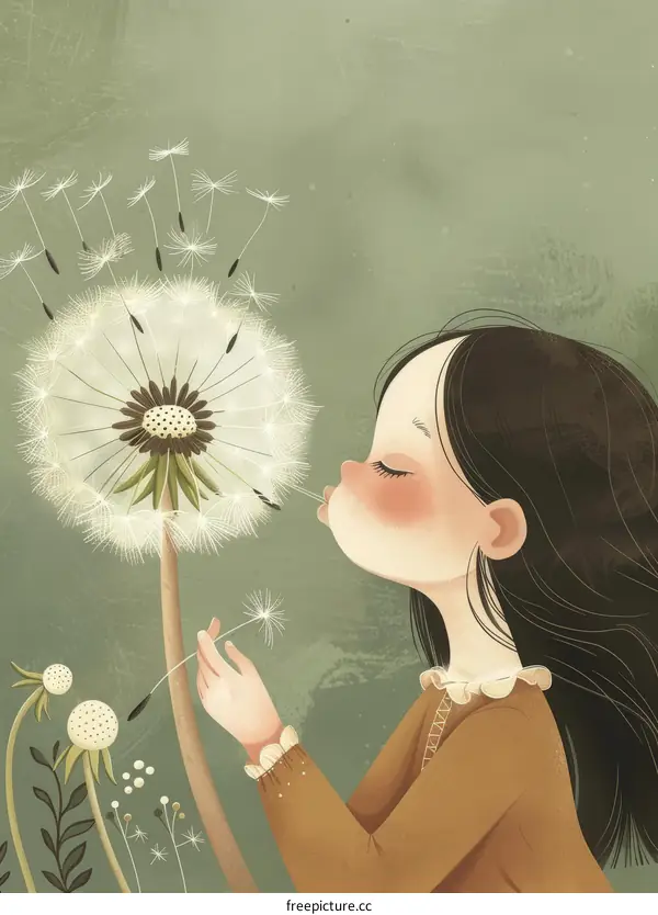 Innocent Girl Blowing Dandelion Seeds in Nature
