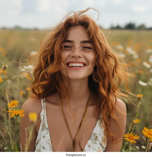 Portrait of a Smiling Redhead in a Field of Flowers