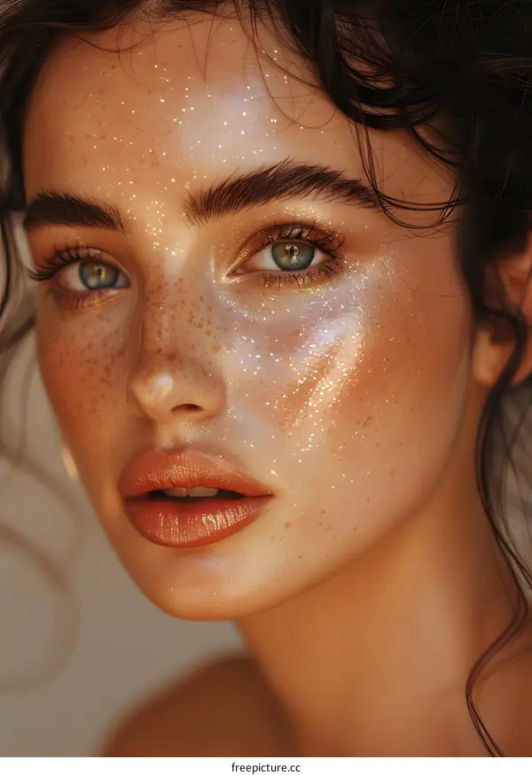 portrait of a young woman with freckles and glitter on her face