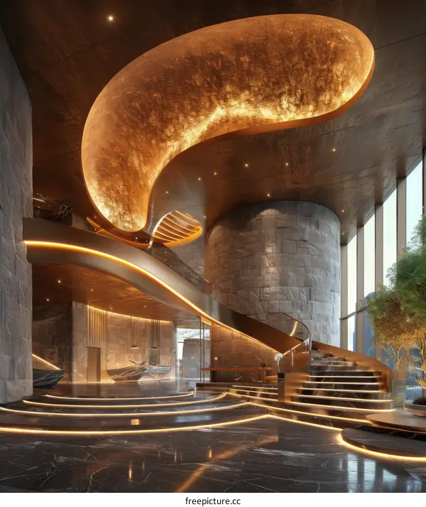 Luxury Hotel Lobby with Marble Stairs and Gold Accents