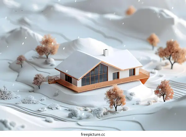 3D illustration of a snowy mountain landscape with a house
