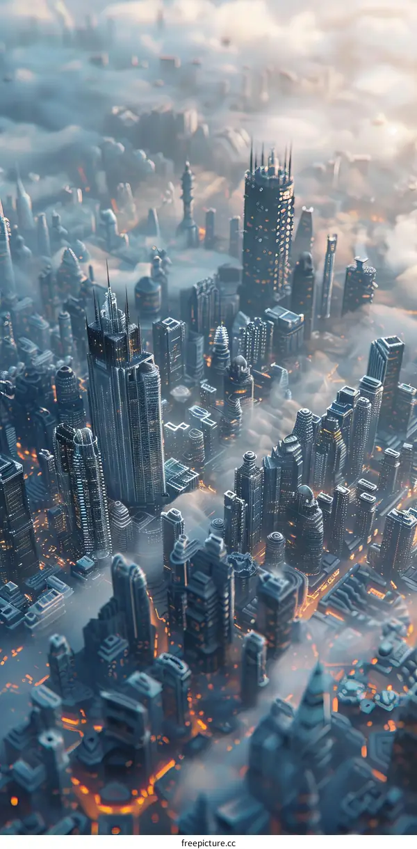 Futuristic Cityscape: Skyscrapers Piercing the Clouds