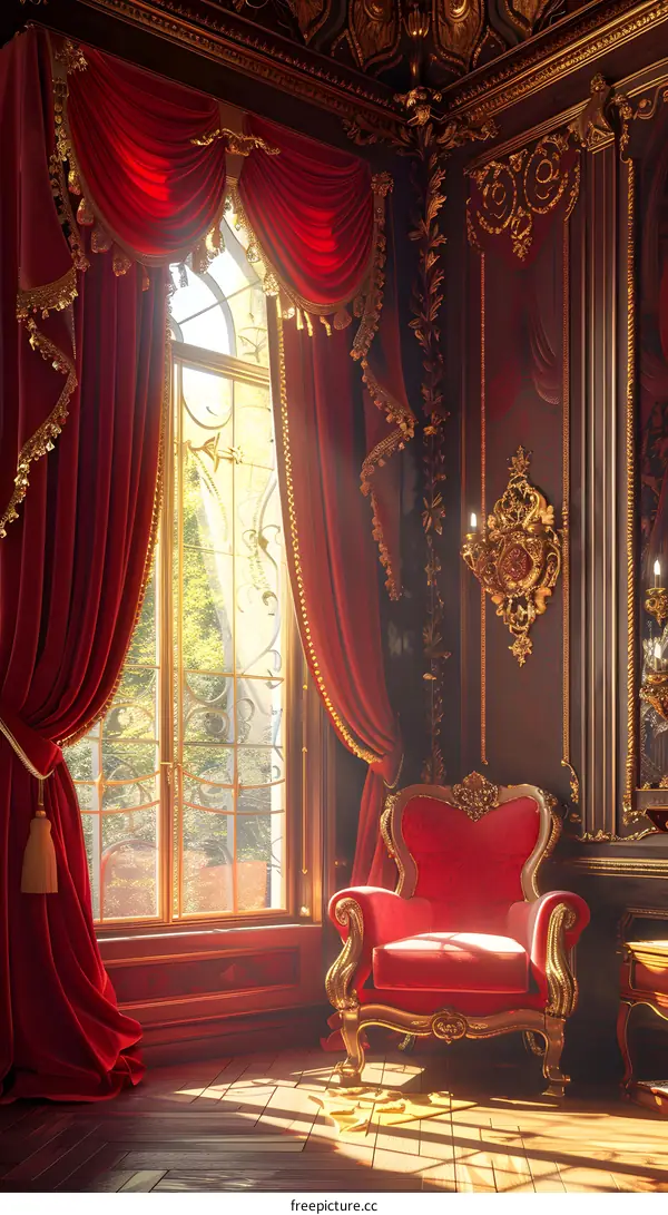 Red Velvet Curtains and Golden Chair in a Luxurious Room