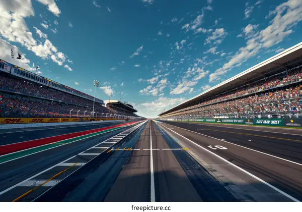A long and empty racetrack with a blue sky and white clouds
