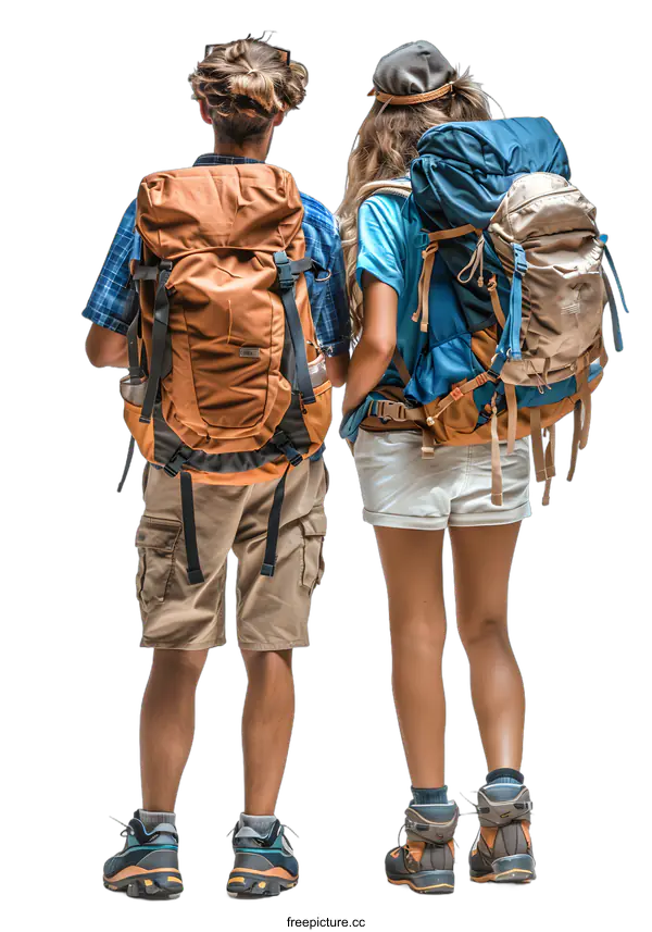 [Transparent Background PNG]Couple hiking backpacks rear view